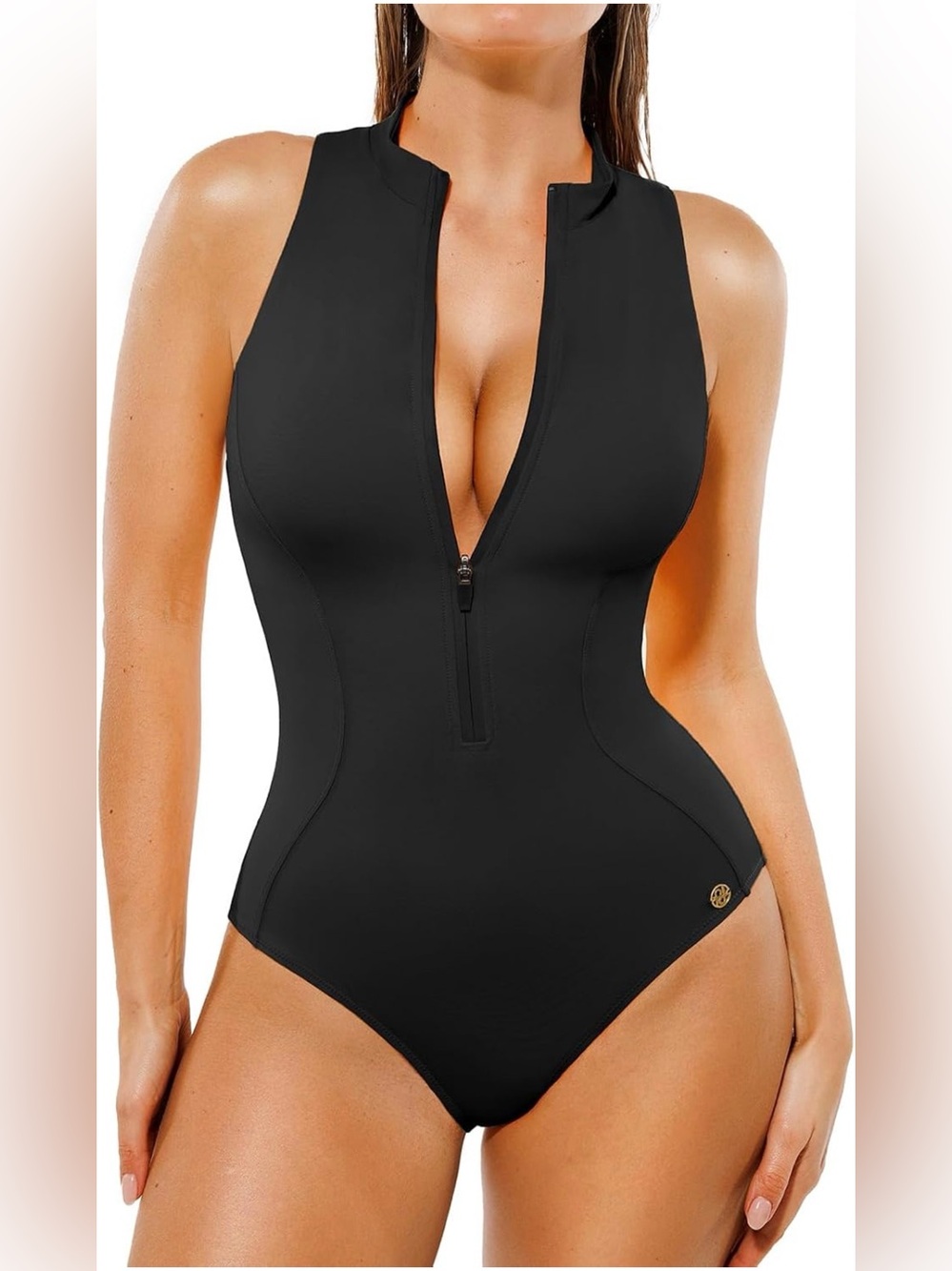 Sleek Black Zip-Front One-Piece Swimsuit with High Neck